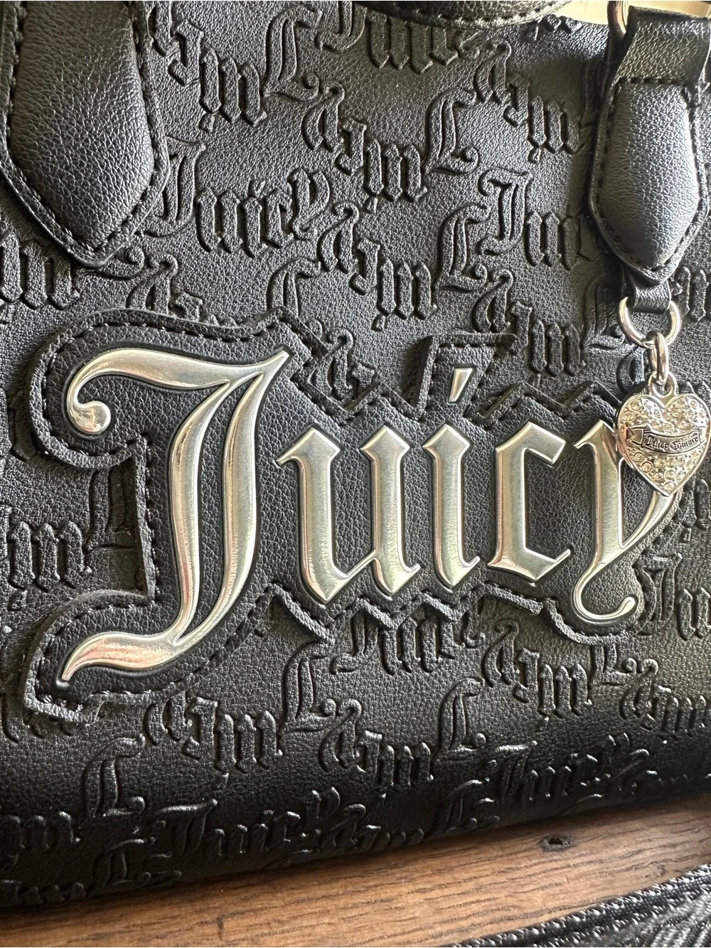 Juicy Couture Black Monogram Satchel Crossbody Bag Silver Logo Charm